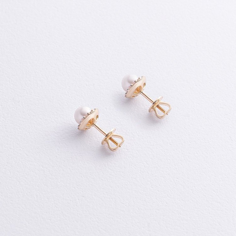 Золотые серьги - пусеты "Linea" (жемчуг, фианиты) с08915 от ювелирного магазина Оникс - 2