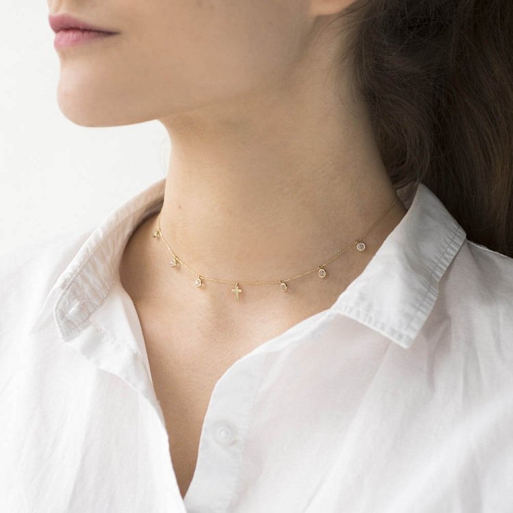 Золотое колье с крестиком (фианиты) кол01308 от ювелирного магазина Оникс