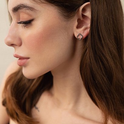 Серебряные серьги - пусеты "Клевер" с черными фианитами 008220ч №4