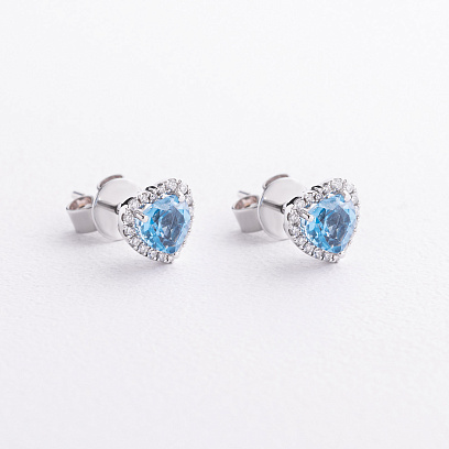 Сережки - пусети "Сердечки" у білому золоті (діаманти, топази) сб0702ca №2
