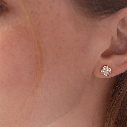 Золотые серьги - пусеты "Клевер" (фианиты) с07890 №6