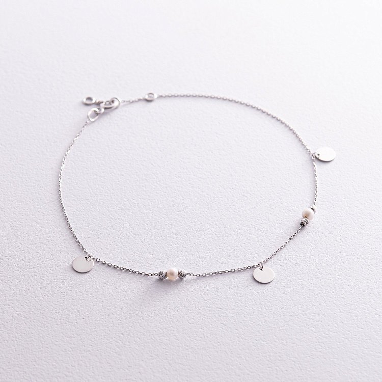 Браслет "Монетки и шарики" с жемчугом на ногу (белое золото) б05123 от ювелирного магазина Оникс