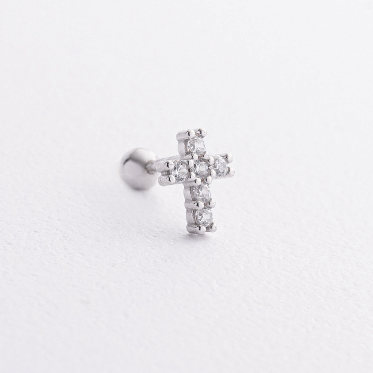 Одиночная серебряная серьга "Крестик" в хрящ ушка (фианиты) 40102с от ювелирного магазина Оникс