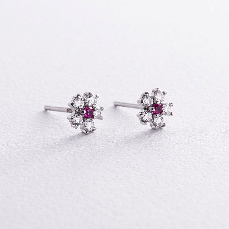 Серебряные серьги - пусеты "Цветочки" с фианитами 766 от ювелирного магазина Оникс - 4