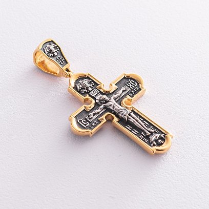 Православный серебряный крест "Распятие Христово. Спас Нерукотворный. Икона Божией Матери знамение. Святитель Николай" 133095 №6