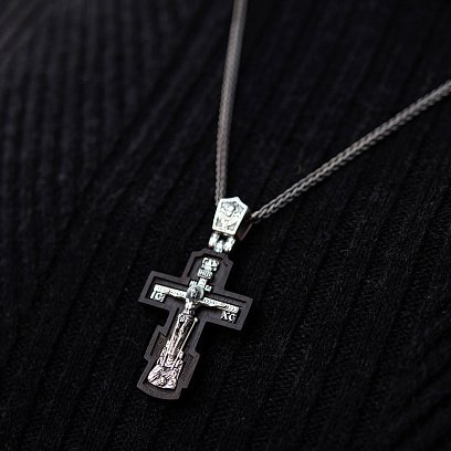 Серебряный крест "Распятие. Пресвятая Богородица" с эбеновым деревом 632 №6