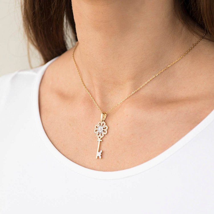 Золота підвіска "Ключик-конюшина" з фіанітами п02714 від ювелірного магазину Онікс - 2