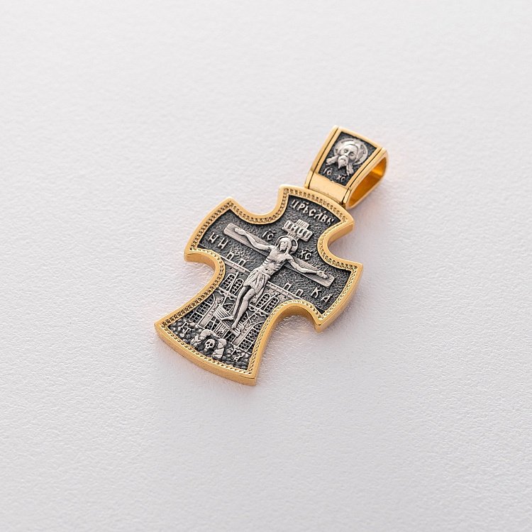 Серебряный крест (чернение, позолота)"Распятие. Николай Чудотворец" 132768 от ювелирного магазина Оникс - 6