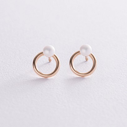 Сережки - пусети "Кругообіг" з перлами (жовте золото) с08223