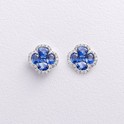 Золотые серьги - пусеты "Клевер" с бриллиантами и сапфирами сб0584mi