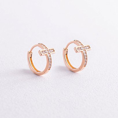 Золотые серьги - кольца "Крестики" с фианитами с07959