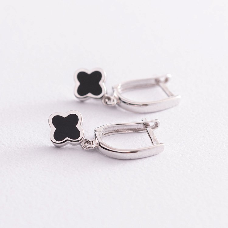 Серьги "Клевер" в белом золоте (эмаль) с07535 от ювелирного магазина Оникс - 2