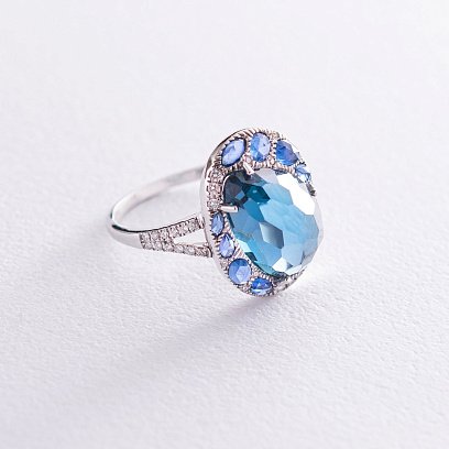 Золота каблучка (топаз, сапфіри, діаманти) R13382aj №3