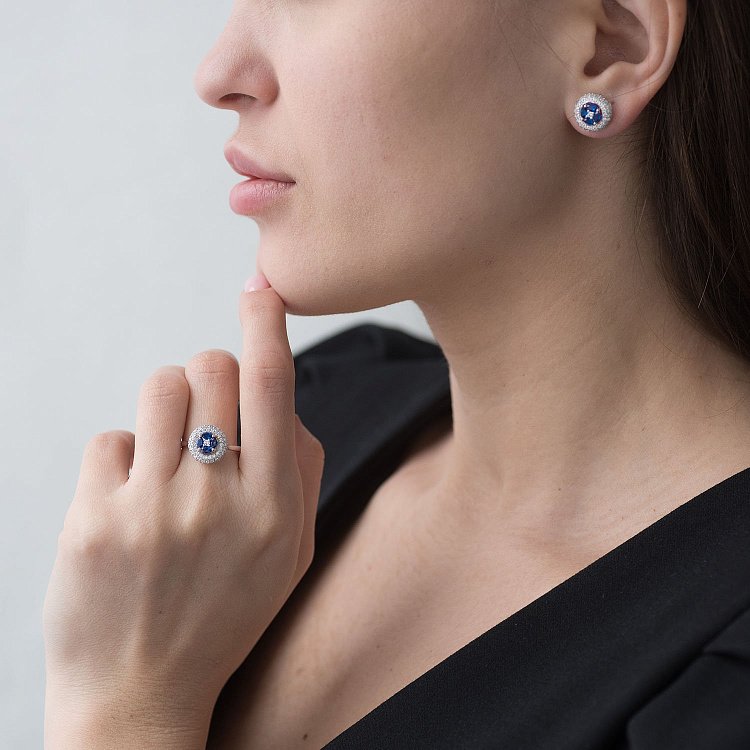 Золотые серьги-пусеты с бриллиантами и сапфирами ER12304DSaj от ювелирного магазина Оникс - 1