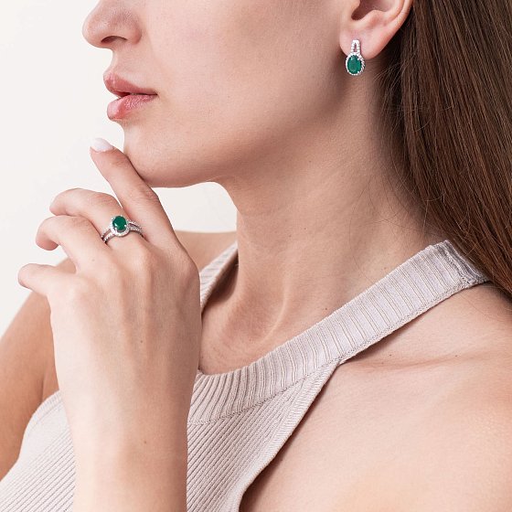 Серебряное кольцо с агатом и фианитами 1351/1р-GRAG №3