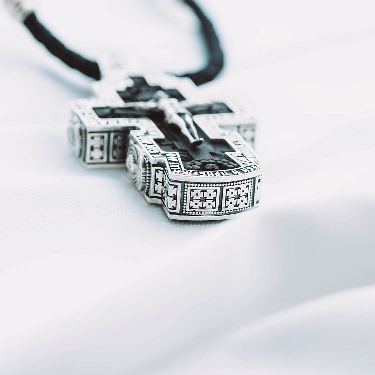 Мужской православный крест из эбенового дерева и серебра (на шнуре) эбен от ювелирного магазина Оникс - 14