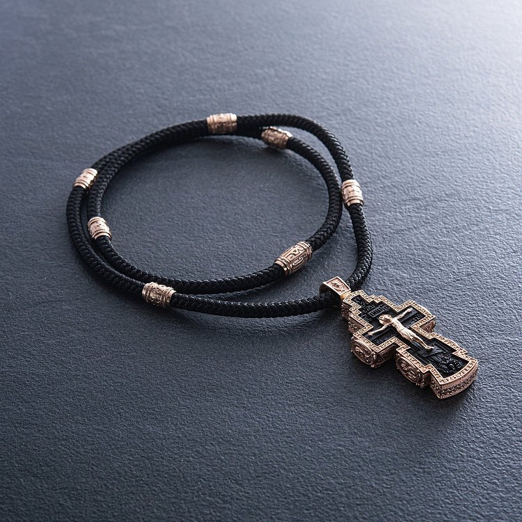 Мужской православный золотой крест из эбенового дерева на шнурке кол02474 от ювелирного магазина Оникс - 4