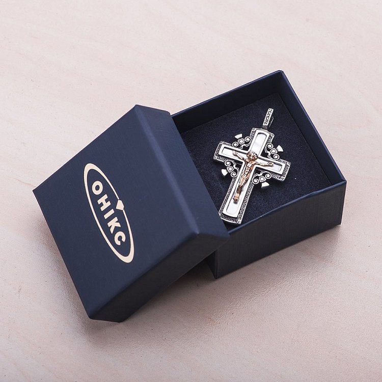 Серебряный крест с золотой вставкой (перламутр) 13962 от ювелирного магазина Оникс - 3