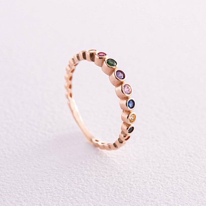 Кольцо с разноцветными фианитами (красное золото) к07133