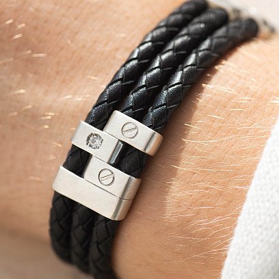 Мужской серебряный браслет с фианитами (кожа) 368 №6