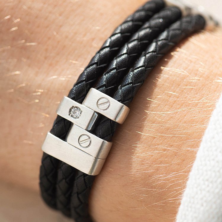 Мужской серебряный браслет с фианитами (кожа) 368 от ювелирного магазина Оникс - 5