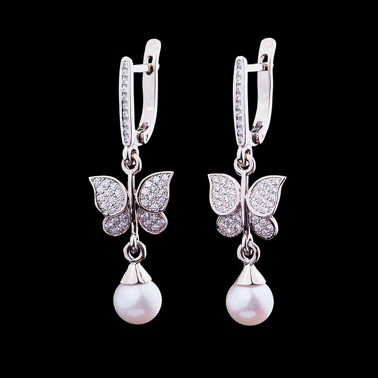 Золотые серьги "Бабочки" с жемчугом и фианитами 03-0702.0.2310 от ювелирного магазина Оникс - 1