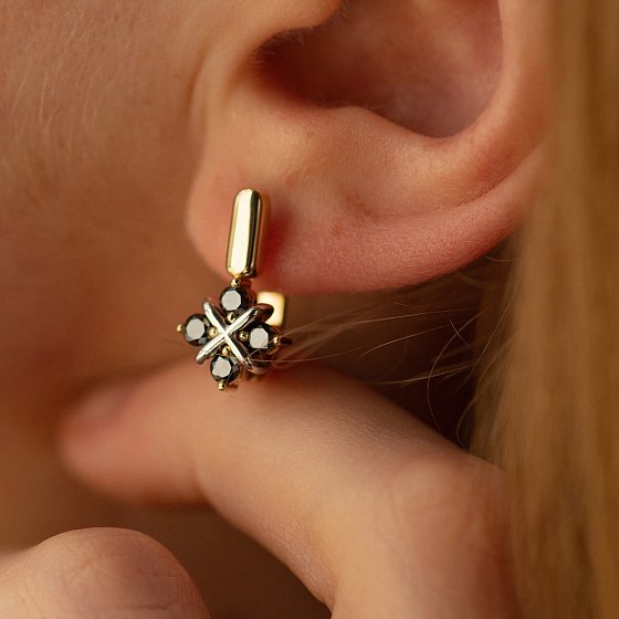 Золотые серьги "Клевер" с черными бриллиантами 334913122 №2