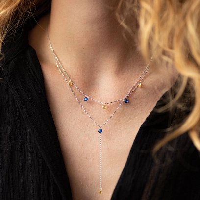 Двойное золотое колье - галстук "Украинка" (синие и желтые фианиты) кол02332 №3