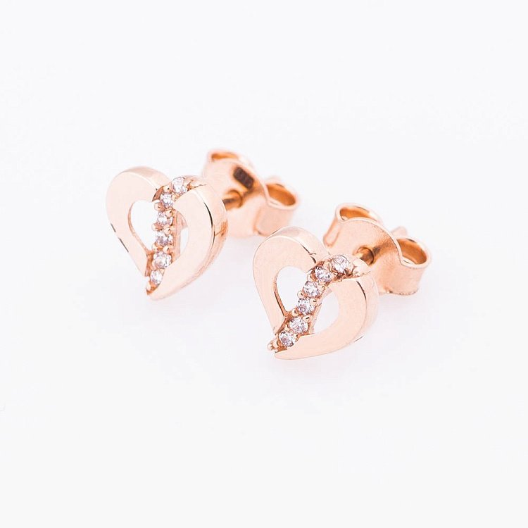 Золотые серьги-гвоздики "Сердца" с фианитами с04770 от ювелирного магазина Оникс