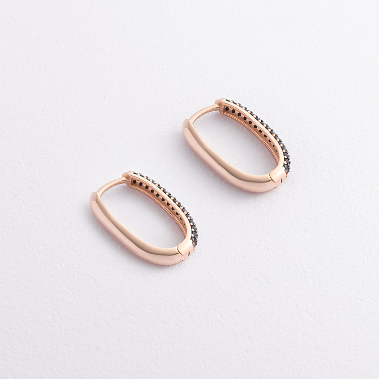 Золотые серьги "Овальные" с черными фианиты с09464 от ювелирного магазина Оникс - 1