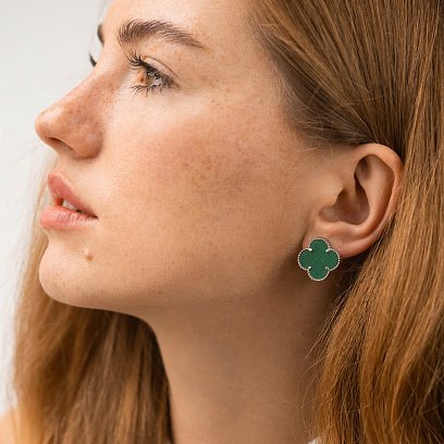 Срібні сережки "Конюшина" (малахіт) 123421