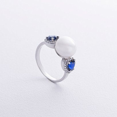 Срібна каблучка "Сердечки" з перлиною, синт. сапфірами та фіанітами 1836/1р-PWTNS