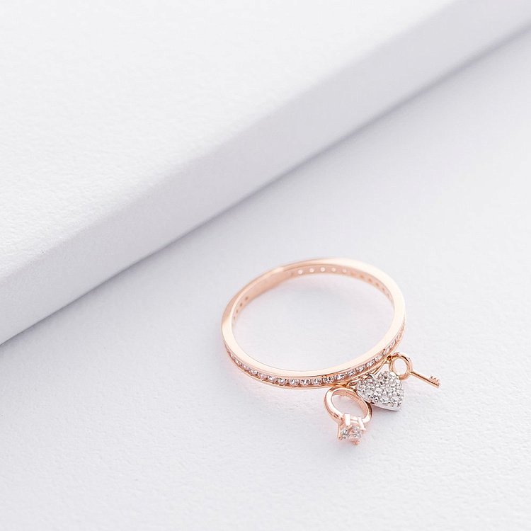 Золотое кольцо с сердечком и ключиком (фианит) к06242 от ювелирного магазина Оникс - 2