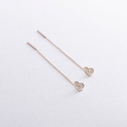 Сережки - протяжки "Сердечки" у жовтому золоті (фіаніти) с08069 №3