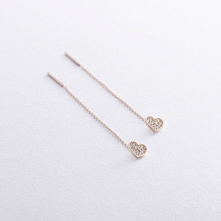 Сережки - протяжки "Сердечки" у жовтому золоті (фіаніти) с08069 від ювелірного магазину Онікс - 2