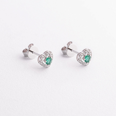 Золоті сережки - пусети "Сердечки" зі смарагдами та діамантами сб0507ca №5