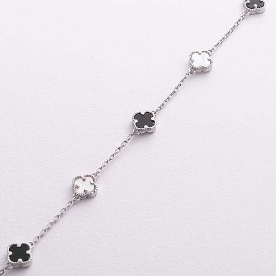 Серебряный браслет "Клевер" (оникс, перламутр) 141845 №3