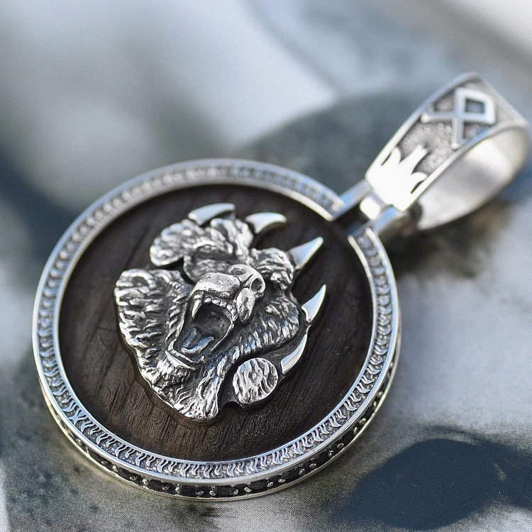 Серебряный кулон "Медведь" с эбеновым деревом и фианитами 947 от ювелирного магазина Оникс - 12