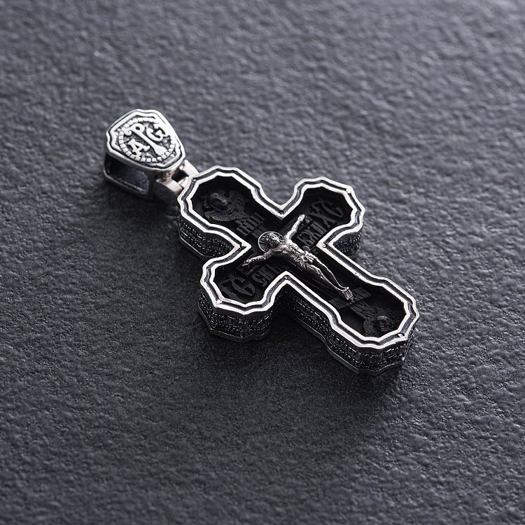 Мужской православный крест "Розп'яття. Спаси и Сохрани. Отче наш" (на укр. языке) из эбенового дерева и серебра mini 1170 от ювелирного магазина Оникс - 2