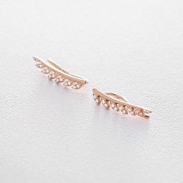 Золотые серьги - клаймберы с листиками (фианит) с06265