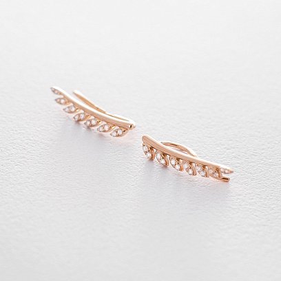 Золотые серьги - клаймберы с листиками (фианит) с06265