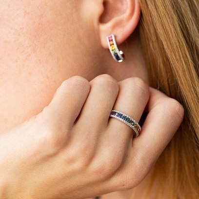 Золотое кольцо с разноцветными сапфирами и бриллиантами кб0435nl №7