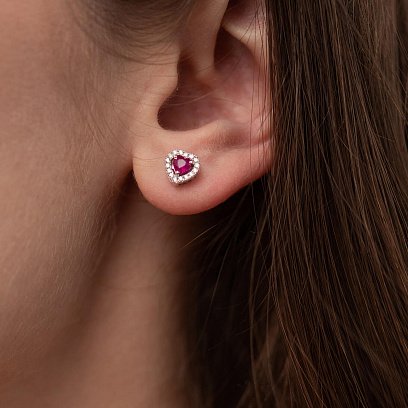 Золотые серьги - пусеты "Сердечки" с бриллиантами и рубинами сб0442di №4