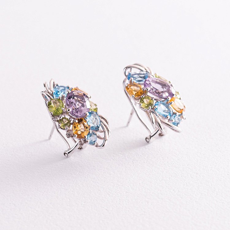 Золотые серьги (бриллианты, цитрин, топаз голубой, хризолит, аметист) с680 от ювелирного магазина Оникс - 2