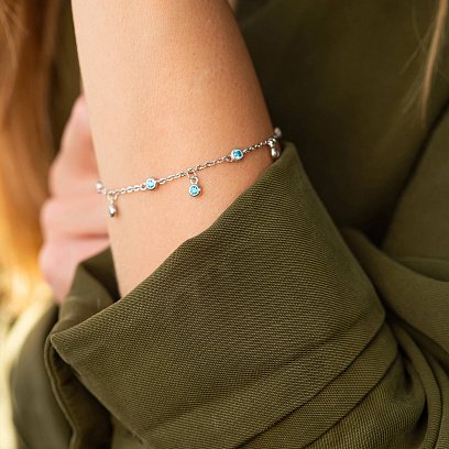 Серебряный браслет с голубыми фианитами на ногу 141567 №4