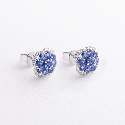 Сережки - пусети "Конюшина" в білому золоті (діаманти, сапфіри) сб0718mi №2