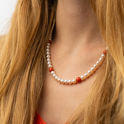 Бусы из жемчуга и коралла (золотая застежка) бус015ж №4