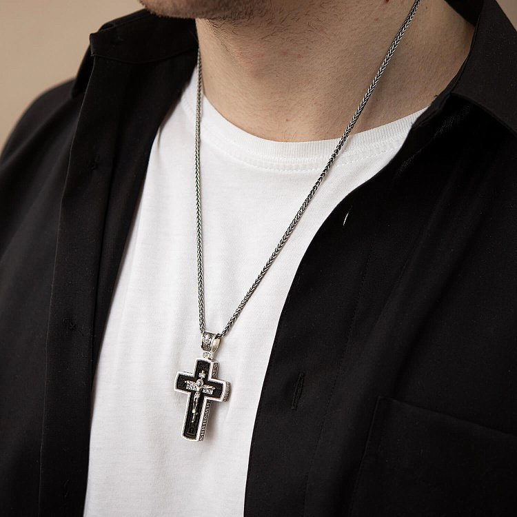 Срібний хрест "Розп'яття. Спаси та Збережи" з ебеновим деревом 1045 від ювелірного магазину Онікс - 3