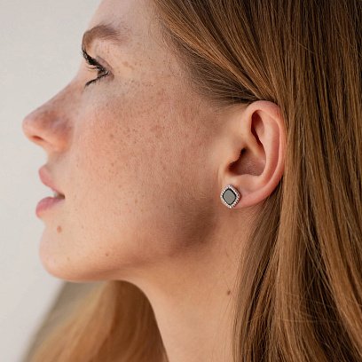 Серебряные серьги - пусеты "Квадратики" (фианиты, синт. оникс) OR112910 №4