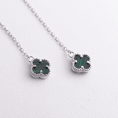 Срібні сережки - протяжки "Конюшина" з малахітом 123510 №2